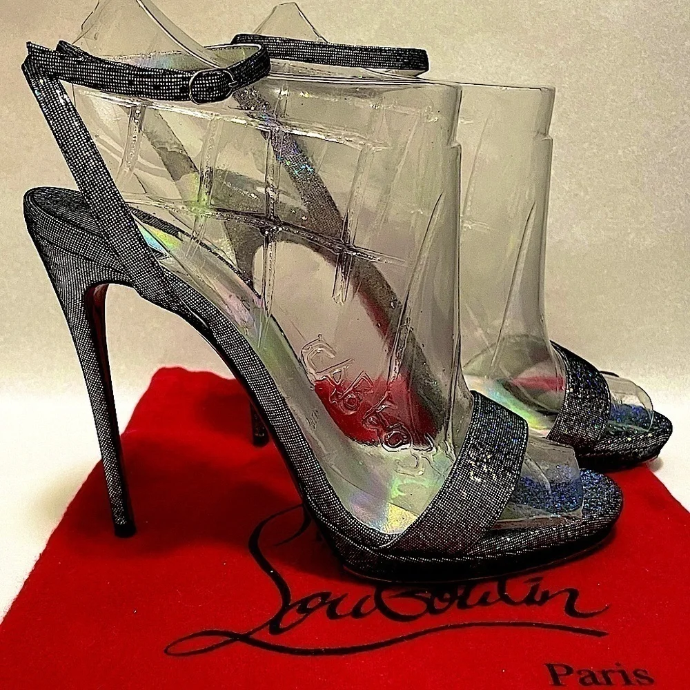 Christian Louboutin LoubiQueen  silver iridescent Glitter disco ball, 100mm EU38